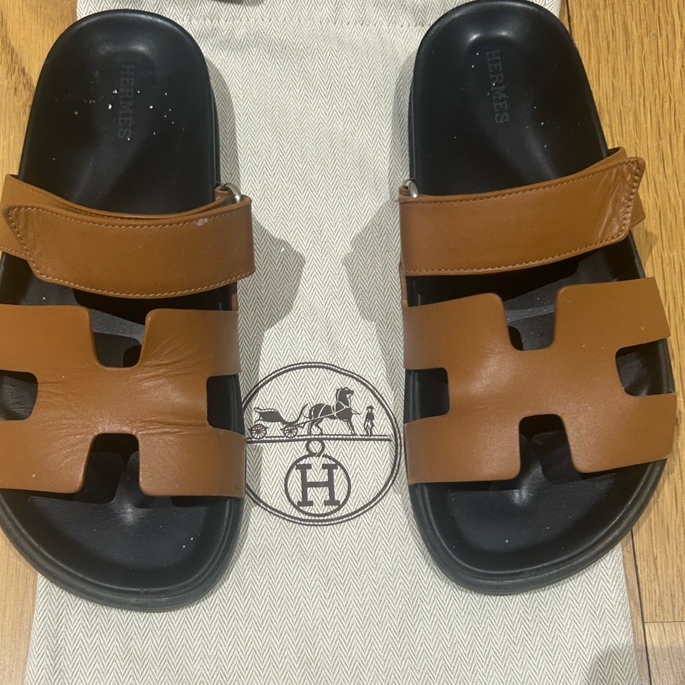 Women’s Hermes Tan and Black Sandals - Picture 2 of 12